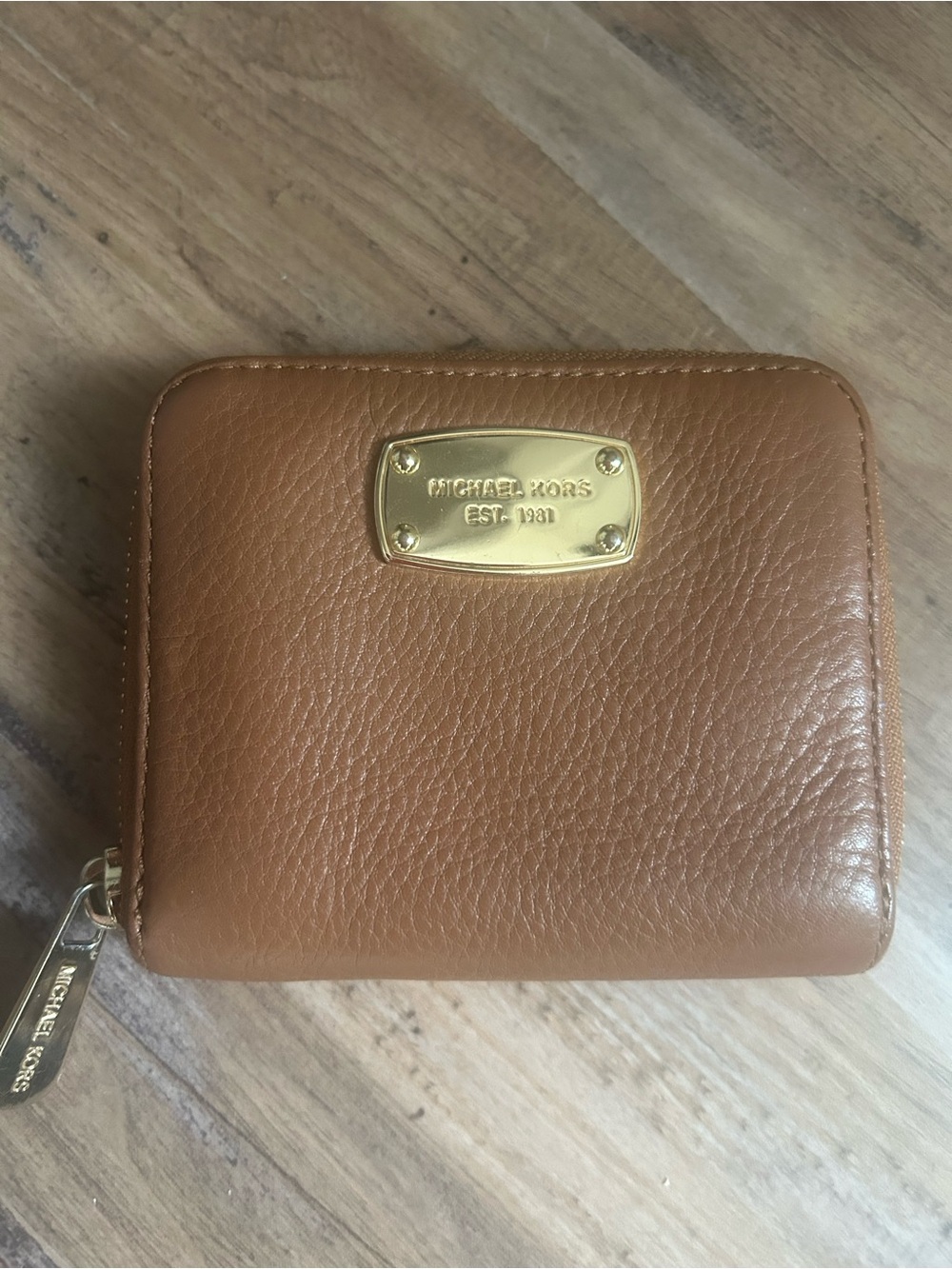 Michael Kors Tan Pebbled Leather Zip Wallet with Gold Plate